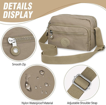 Schultertasche Damen Wasserdicht Nylon Umhängetasche Multi-Pocket Khaki