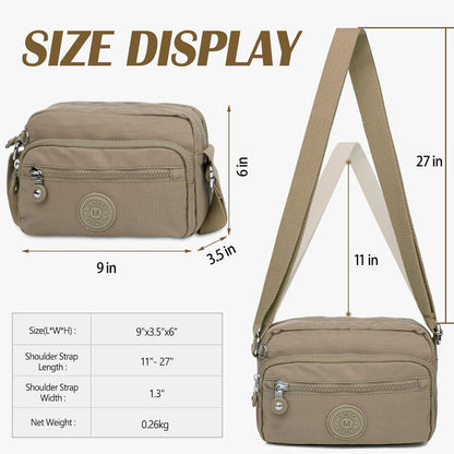 Schultertasche Damen Wasserdicht Nylon Umhängetasche Multi-Pocket Khaki