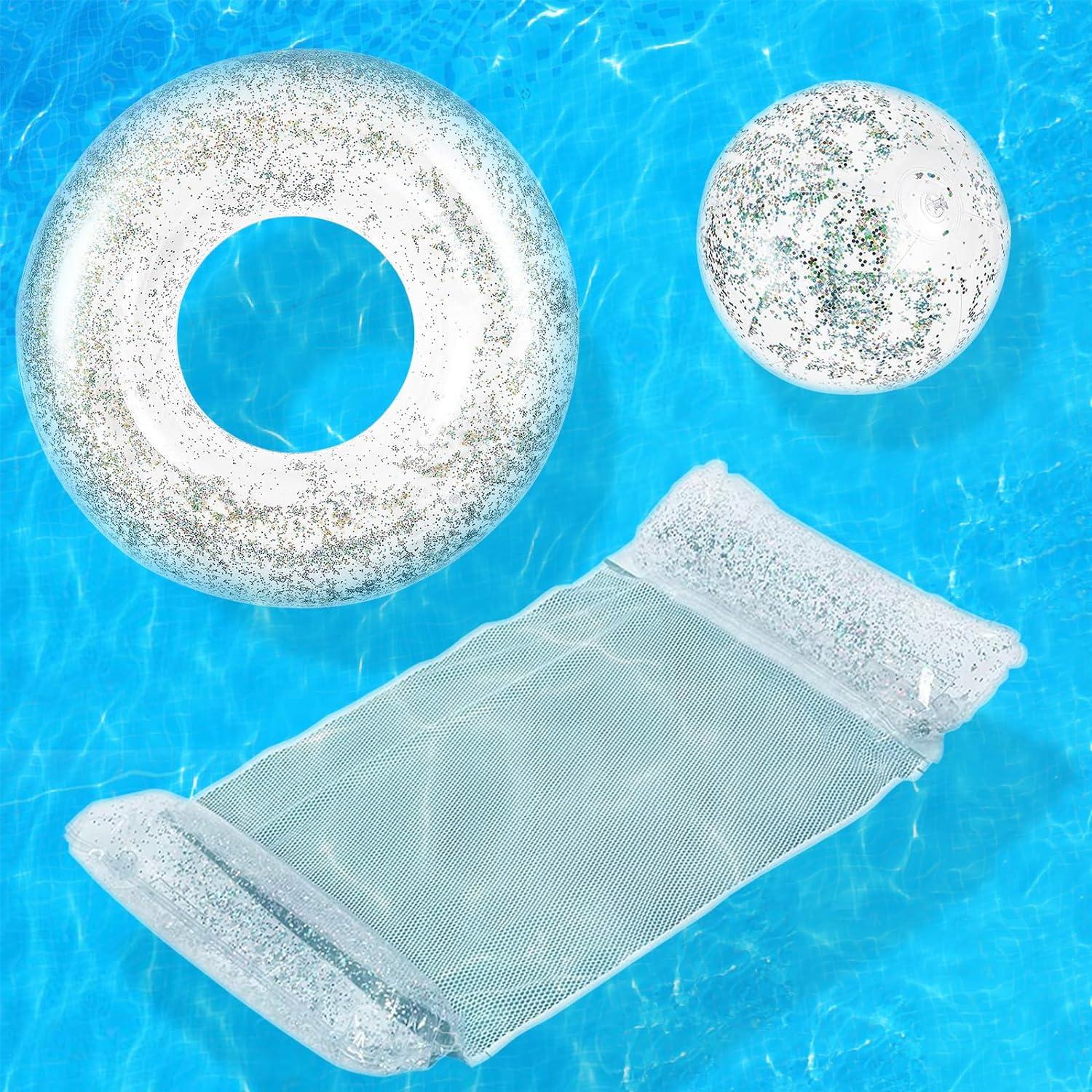 Aufblasbare Poolset mit Glitzer: Luftmatratze, Schwimmring, Strandball