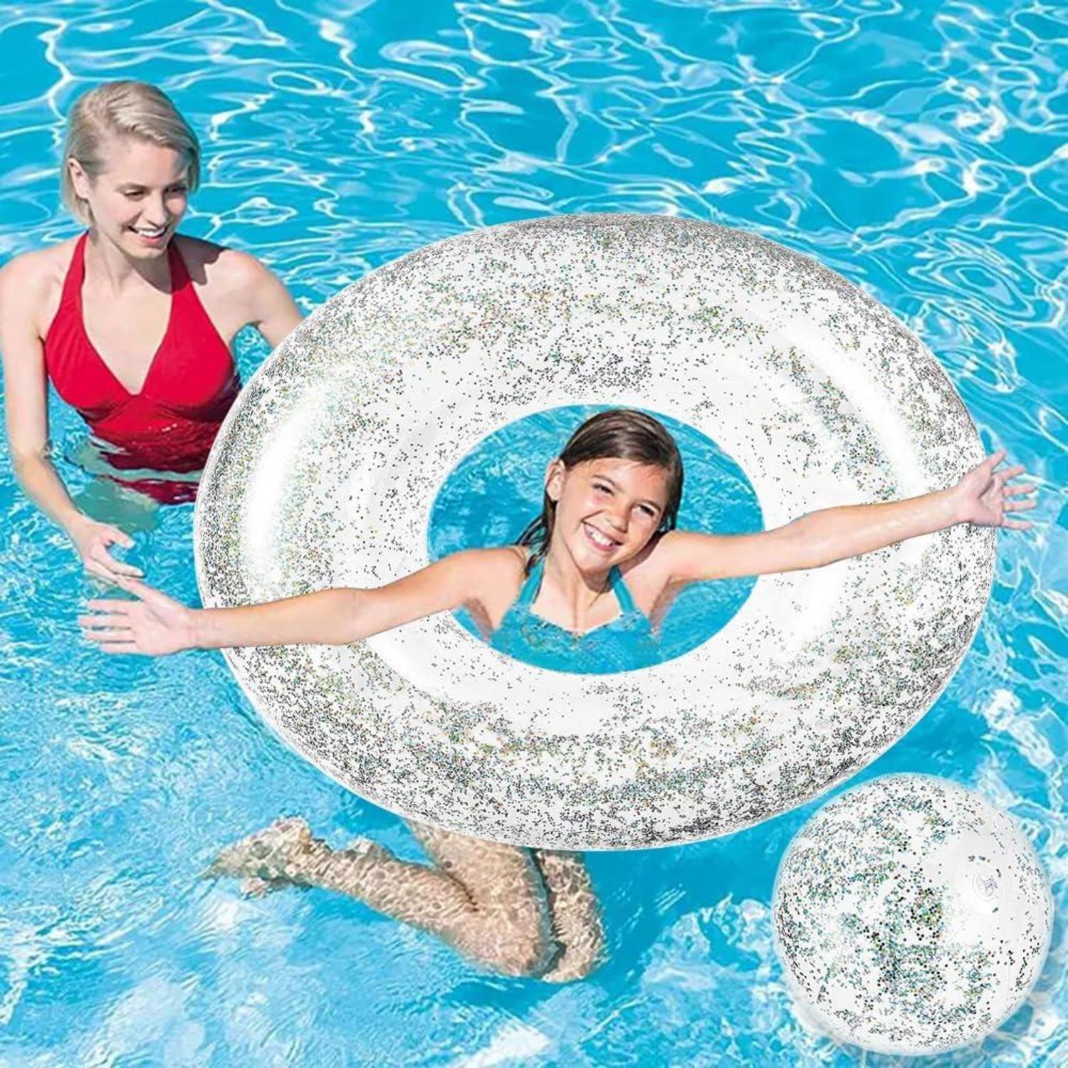 Aufblasbare Glitzer Pool Spielzeug Set: Luftmatratze, Schwimmring, Strandball, Wasserhängematte
