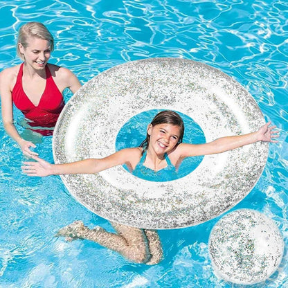 Aufblasbare Glitzer Pool Spielzeug Set: Luftmatratze, Schwimmring, Strandball, Wasserhängematte
