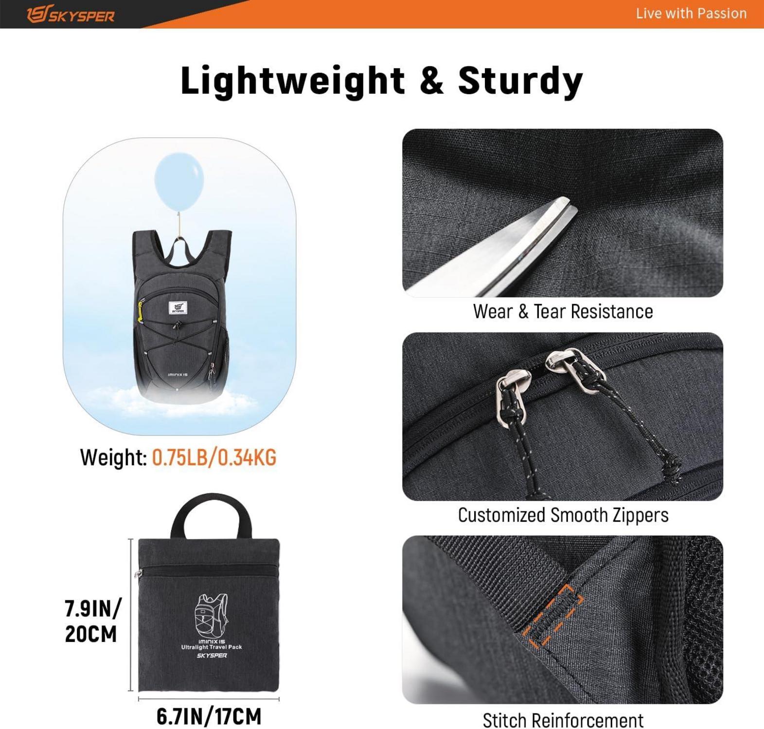 Leichter faltbarer Outdoor-Rucksack 15L für Herren - Schwarz