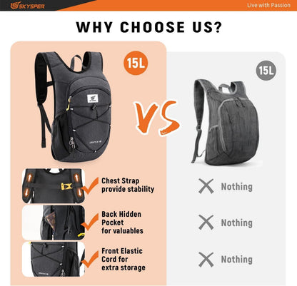 SKYSPER 15L Faltbarer Wanderrucksack Herren Tagesrucksack Outdoor Schwarz