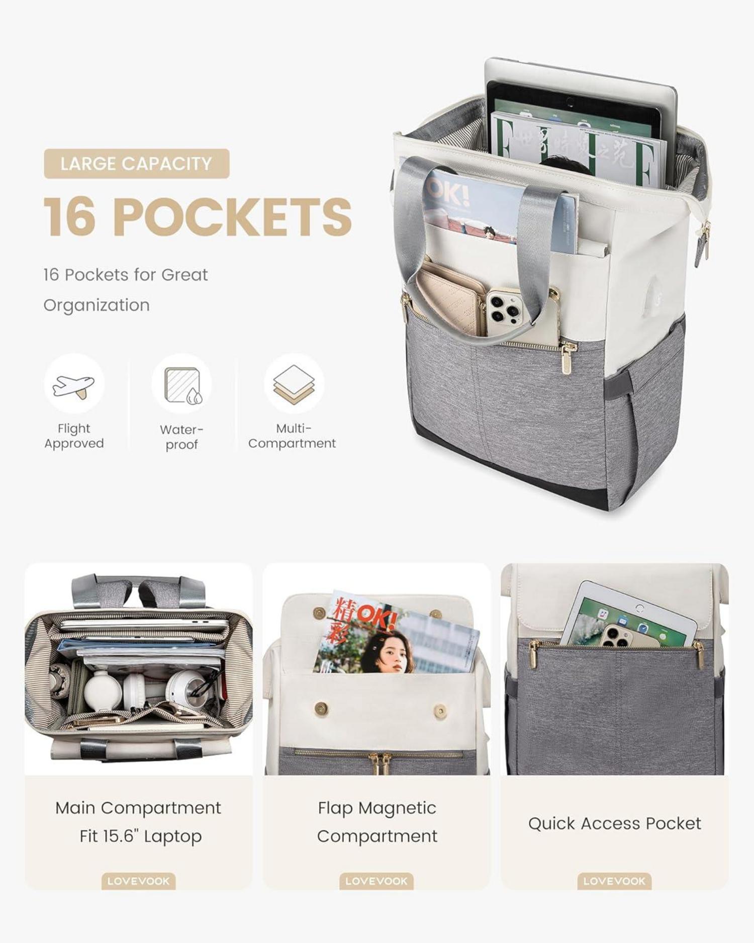 LOVEVOOK Damen Rucksack 2-in-1 Handtasche Laptop Schulrucksack 15,6 Zoll Wasserdicht Grau