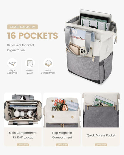LOVEVOOK Damen Rucksack 2-in-1 Handtasche Laptop Schulrucksack 15,6 Zoll Wasserdicht Grau