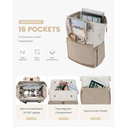 Großer Damen Rucksack wasserdicht mit Laptopfach 17,3 Zoll Beige & Khaki