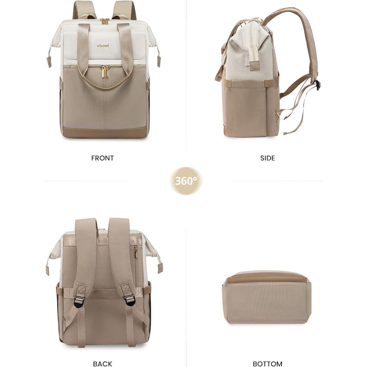 Großer Damen Rucksack wasserdicht mit Laptopfach 17,3 Zoll Beige & Khaki
