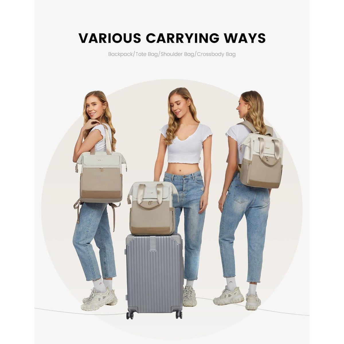 Großer Damen Rucksack wasserdicht mit Laptopfach 17,3 Zoll Beige & Khaki