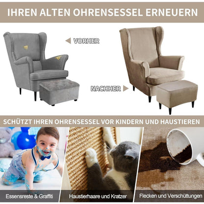 3-teiliger Ohrensessel Überzug Stretch Samt Champagne