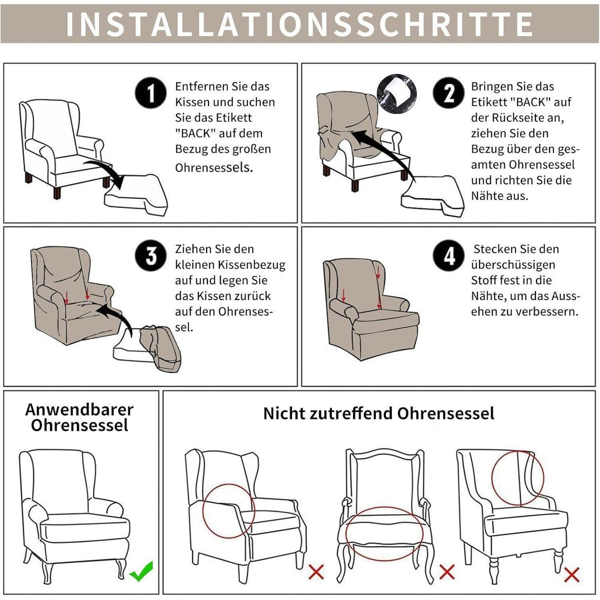 3-teiliger Ohrensessel Überzug Stretch Samt Champagne