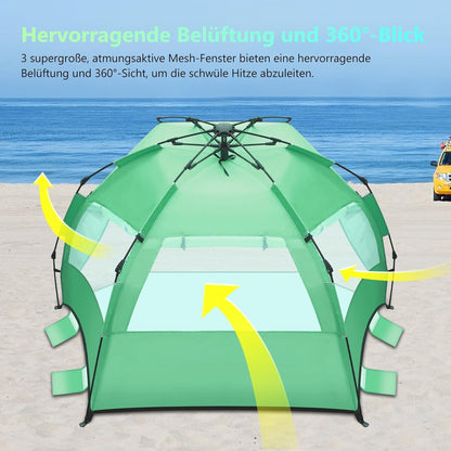 Strandmuschel Quick-Up-Aufbau für 3-4 Personen mit UV-Schutz 50+ & Windschutz