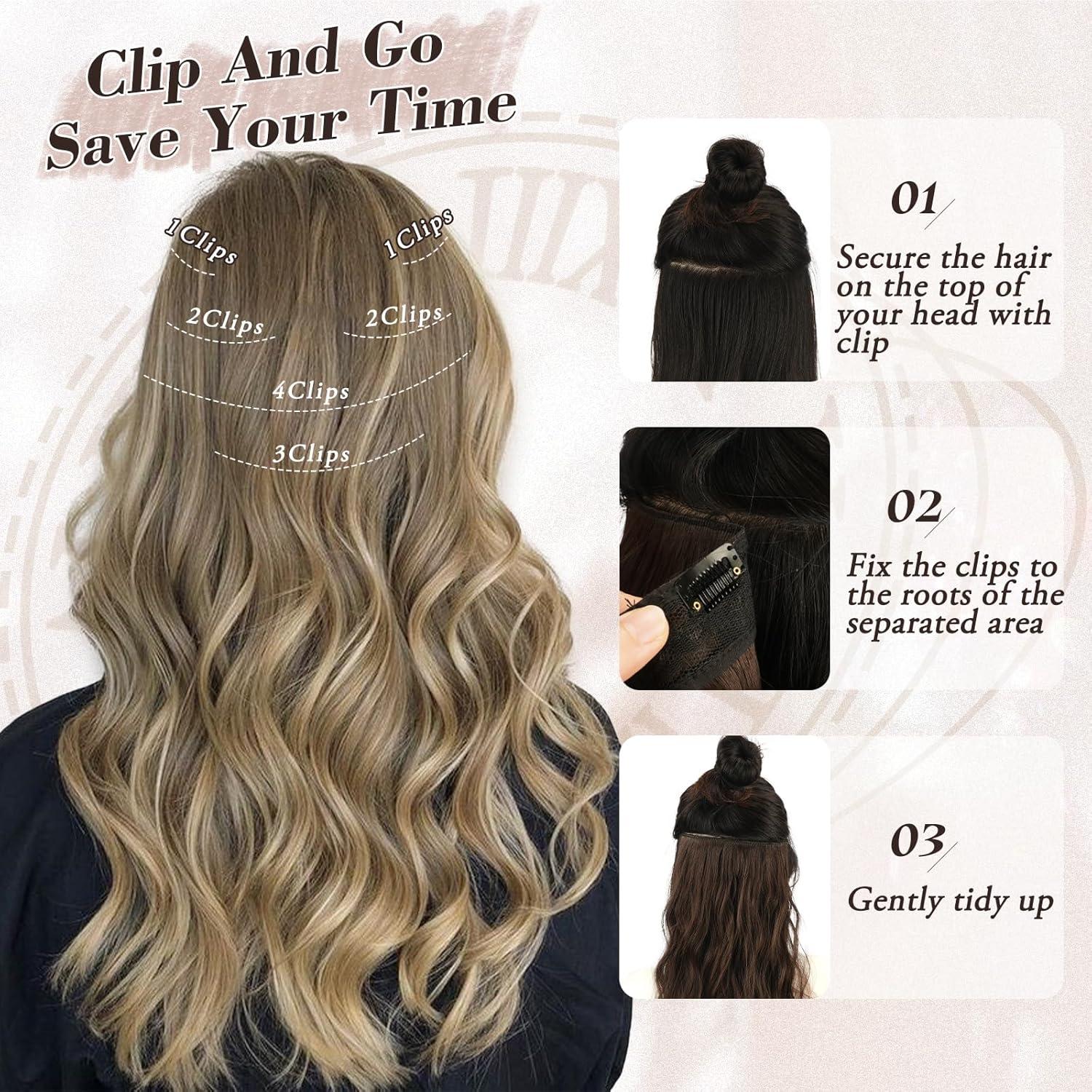 Clip in Haarverlängerung 50CM Wellig Highlight 6PCs Synthetisch Brown Blond