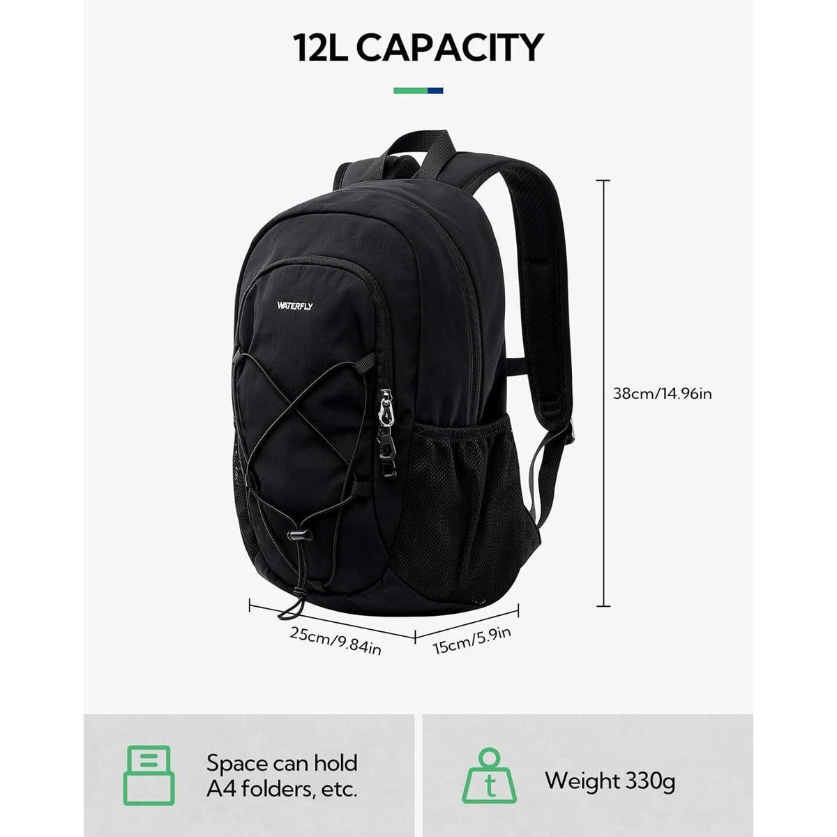 Leichter Wanderrucksack 12L mit Brustgurt – Schwarz