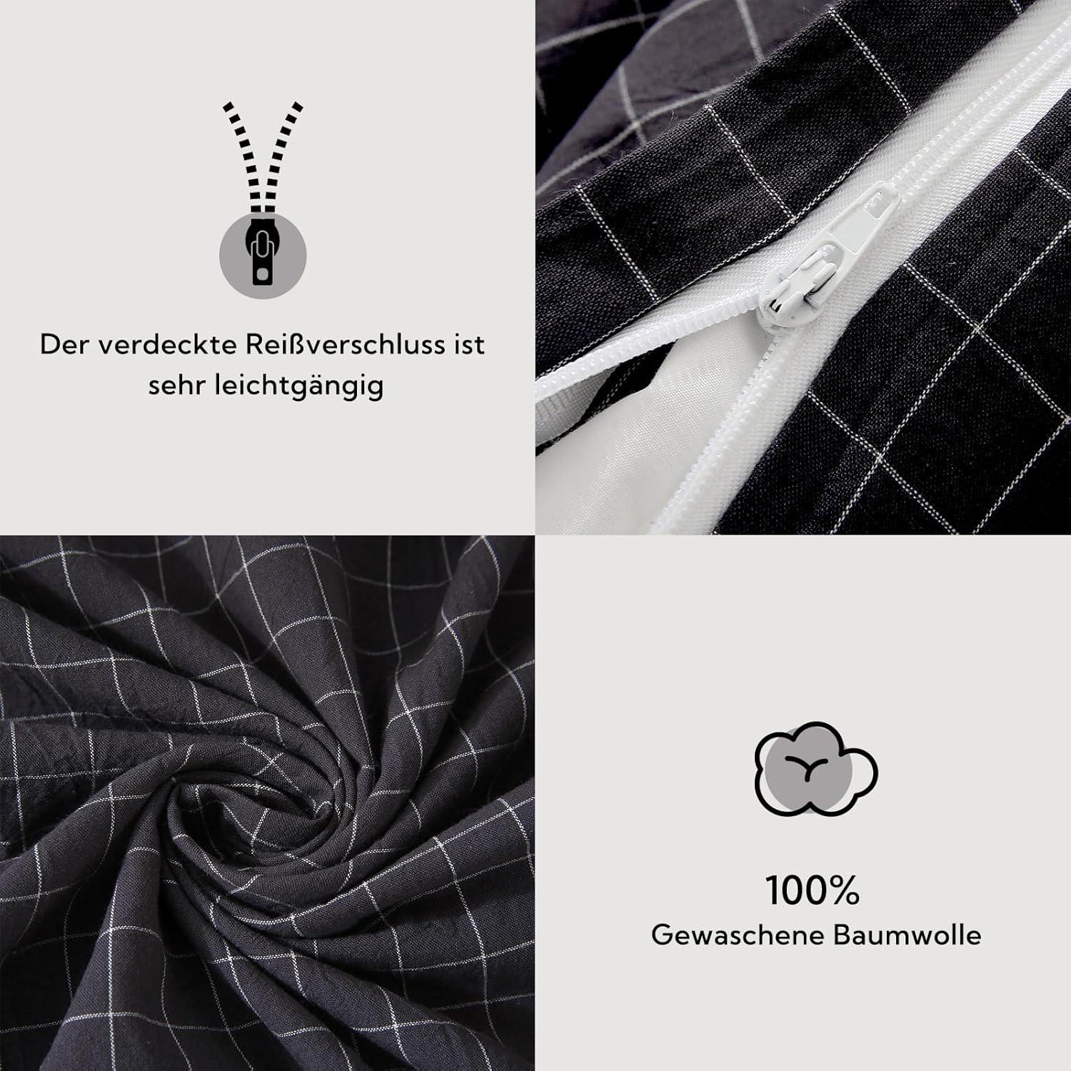 Bettwäsche-Set 135x200 Baumwolle kariert Grau ReißverschlussÖKotex
