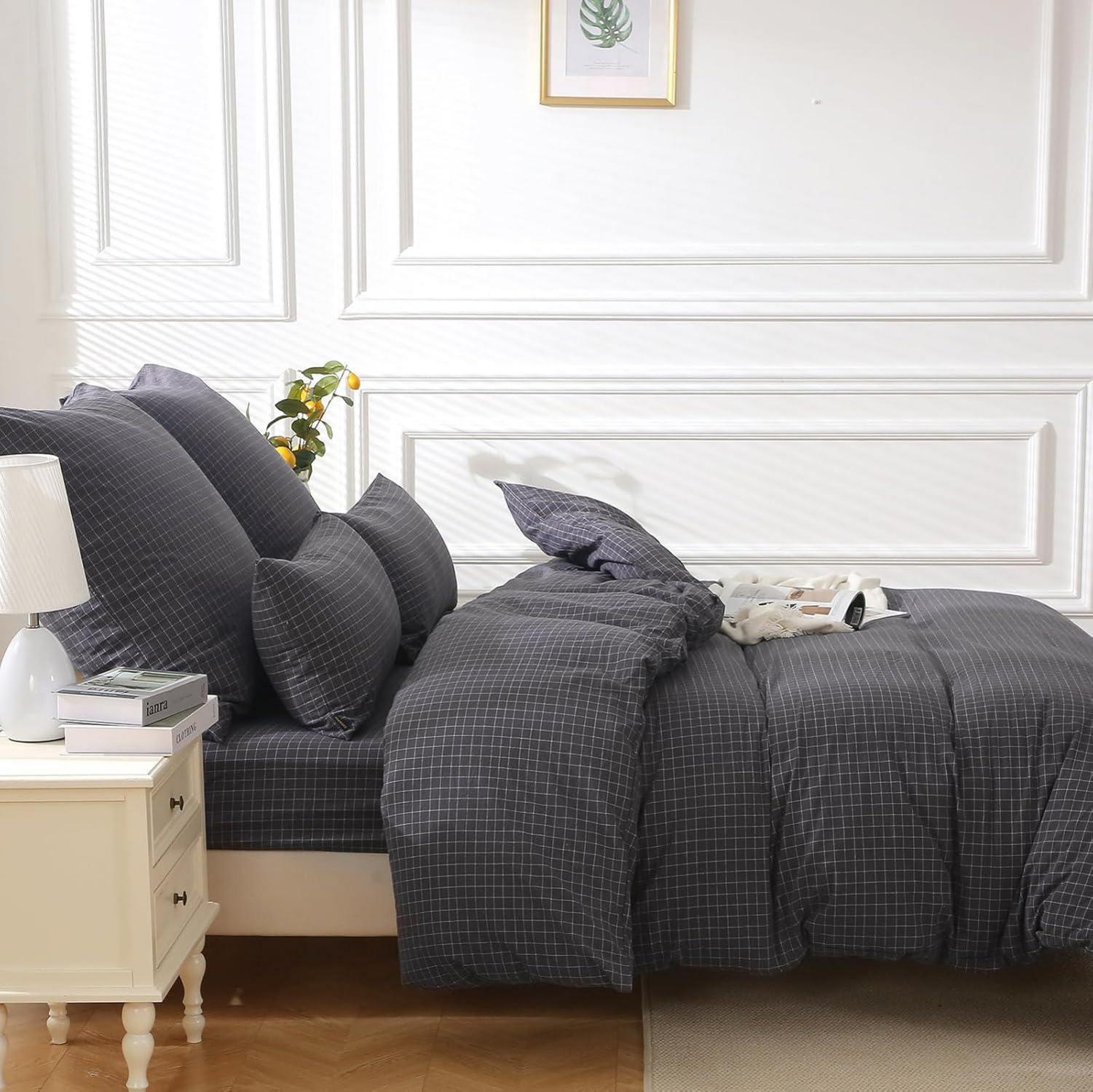 Bettwäsche Set 135x200 Grau Baumwolle kariert, 100% gewaschene