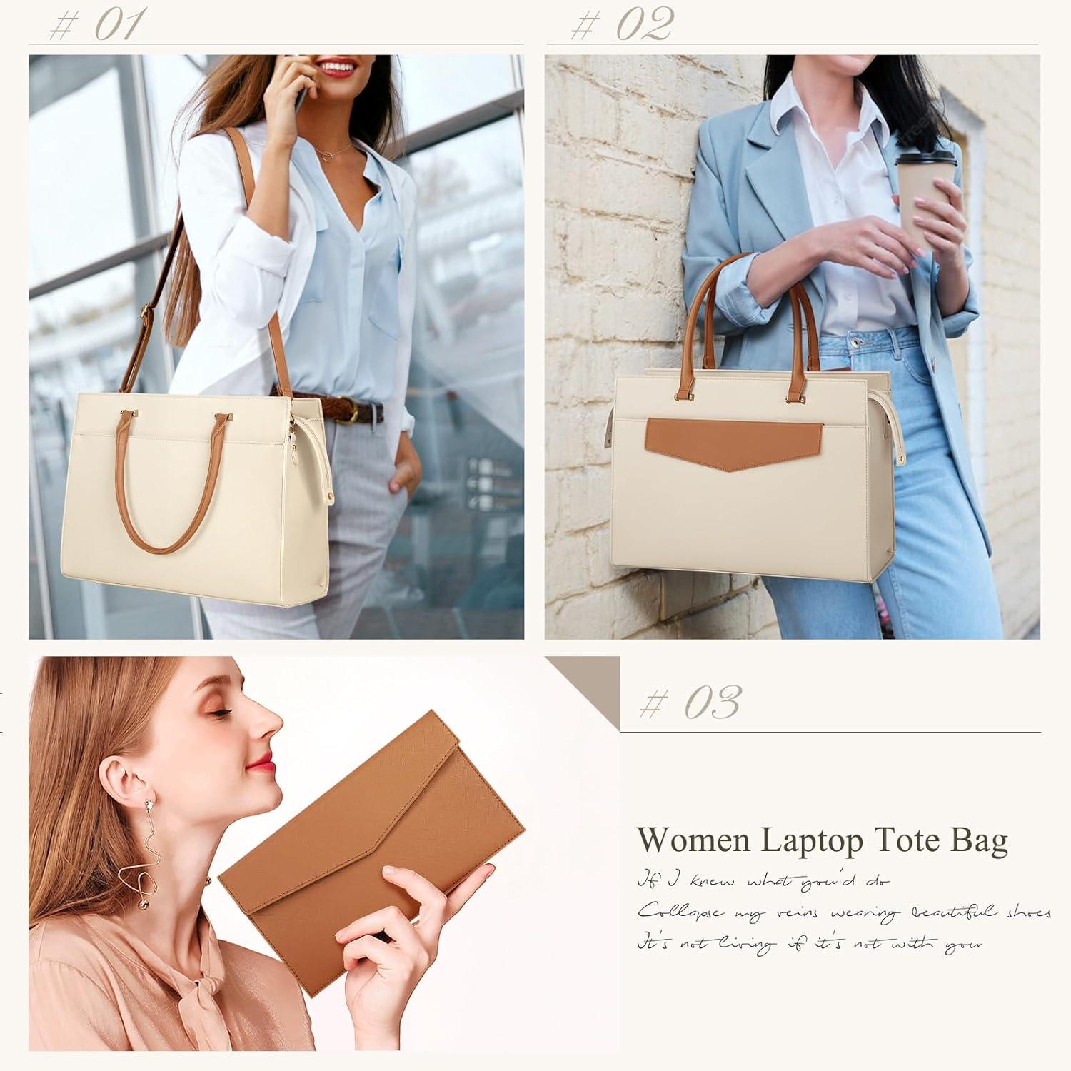 Große Business Damen Laptoptasche PU Leder Beige Braun Shopper