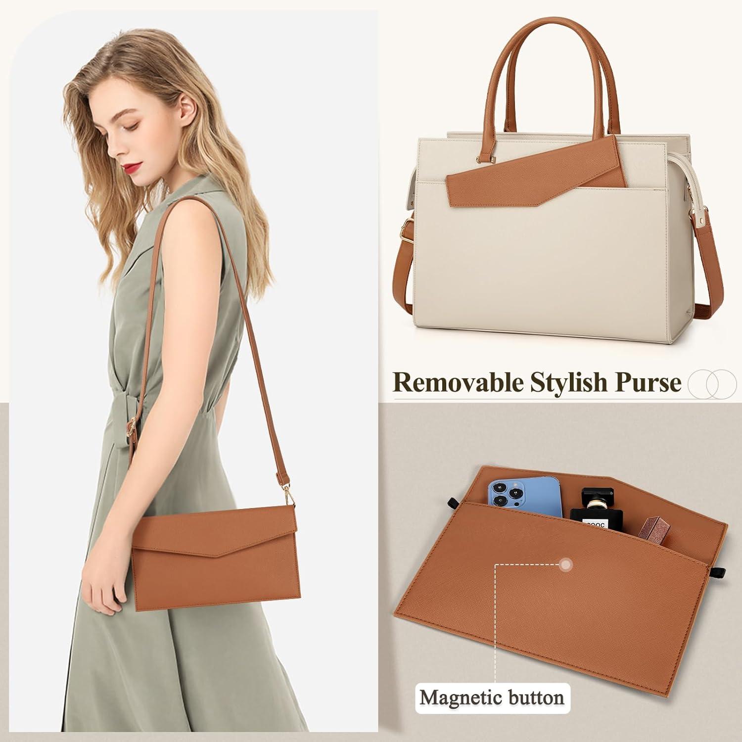 RAINSMORE Handtasche Damen Umhängetasche 2 in 1 Laptoptasche 15.6 Zoll Beige Braun