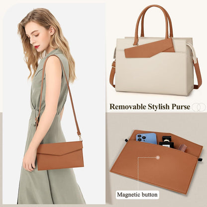 RAINSMORE Handtasche Damen Umhängetasche 2 in 1 Laptoptasche 15.6 Zoll Beige Braun