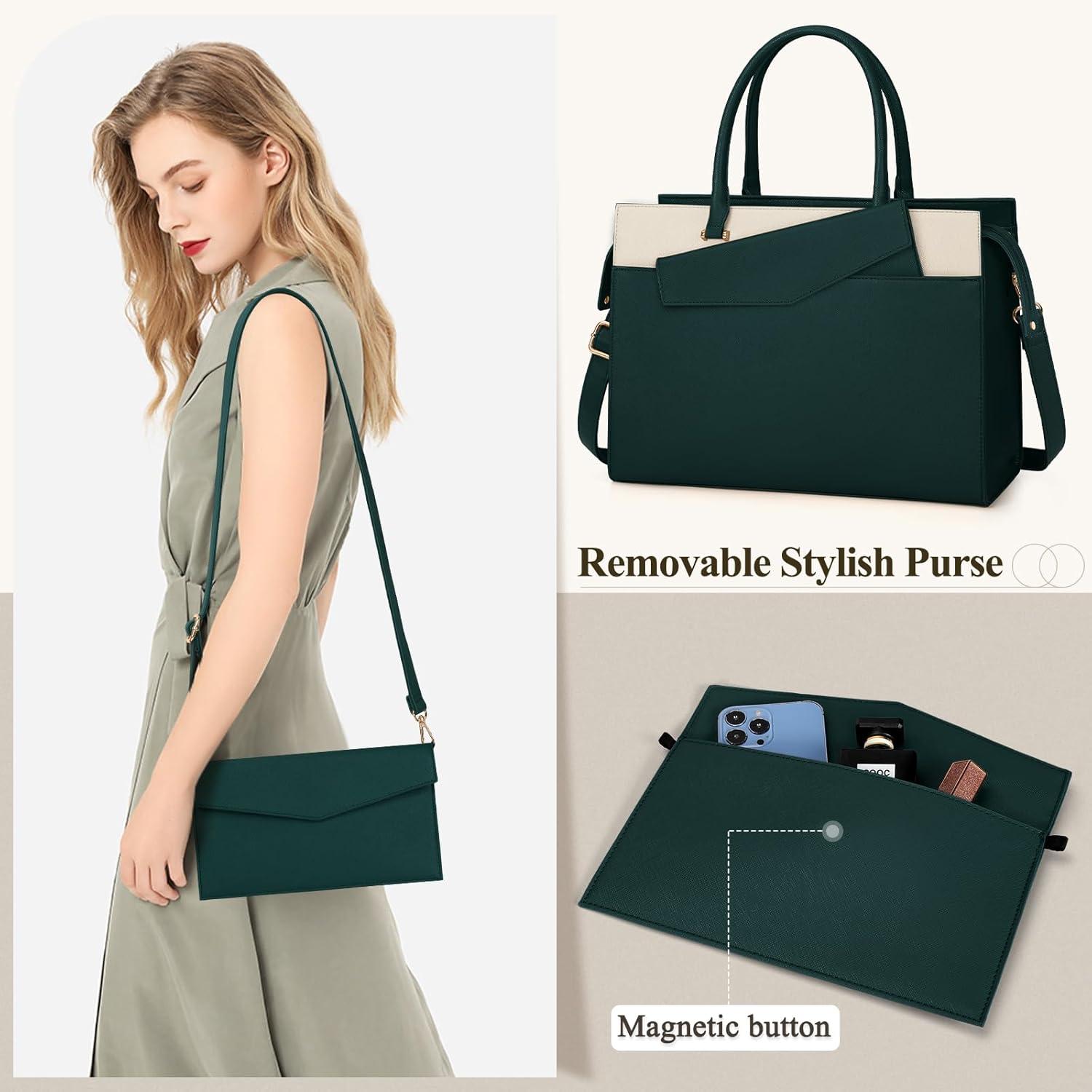 RAINSMORE Handtasche Damen Umhängetasche 2 in 1 Laptoptasche 15.6 Zoll PU Leder Beige Green