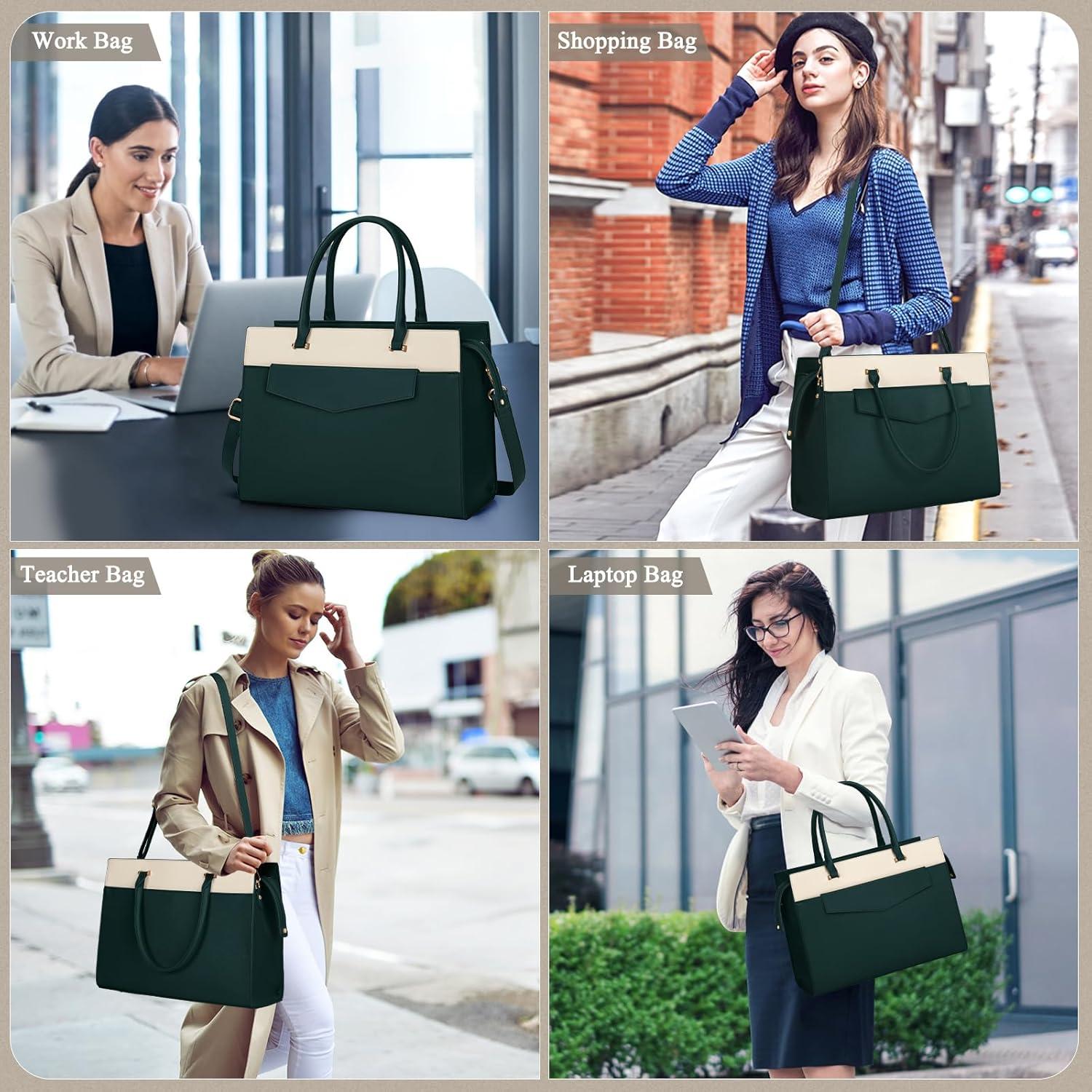RAINSMORE Handtasche Damen Umhängetasche 2 in 1 Laptoptasche 15.6 Zoll PU Leder Beige Green