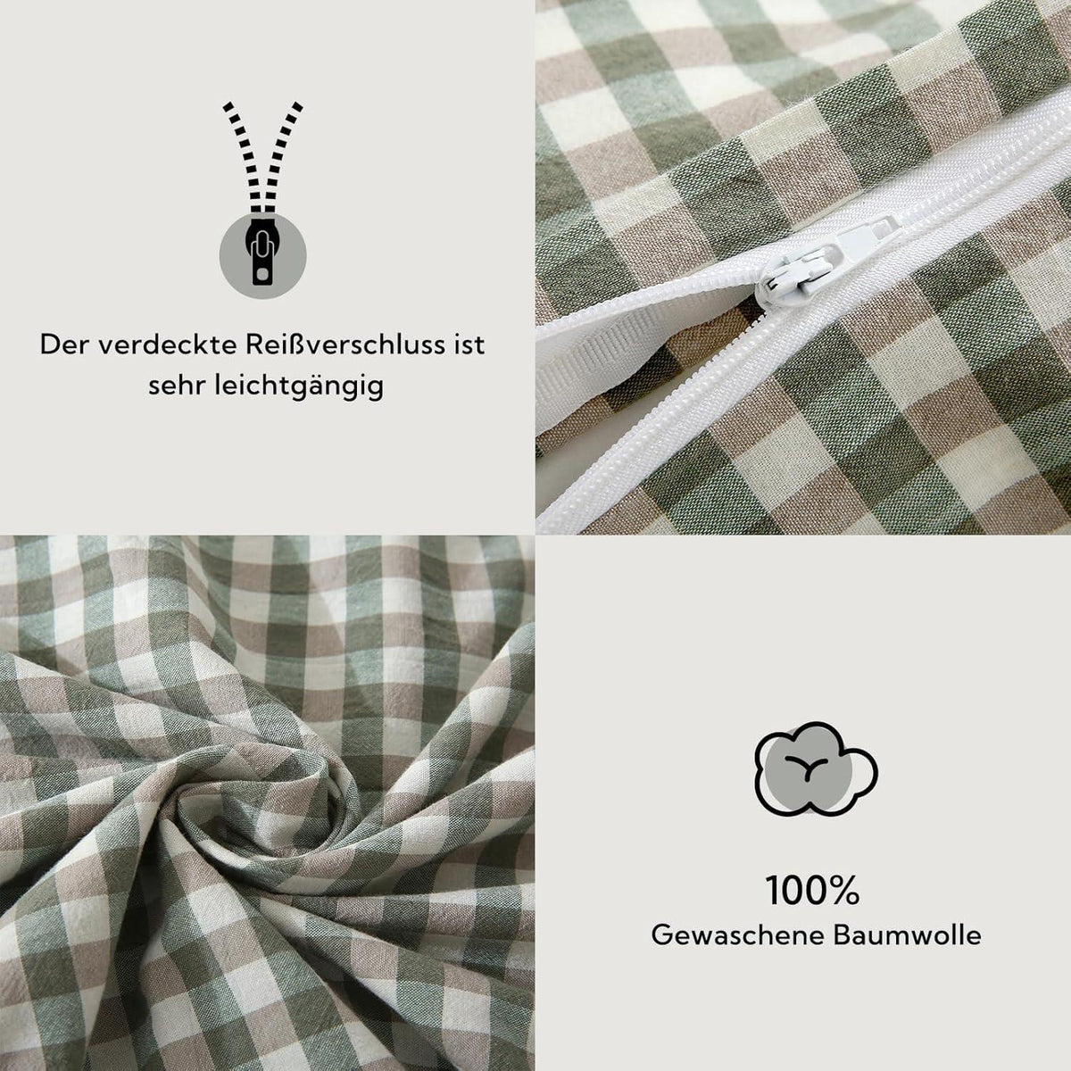 Bettwäsche-Set 135x200 cm 4-teilig, gewaschene Baumwolle, Grün Kariert