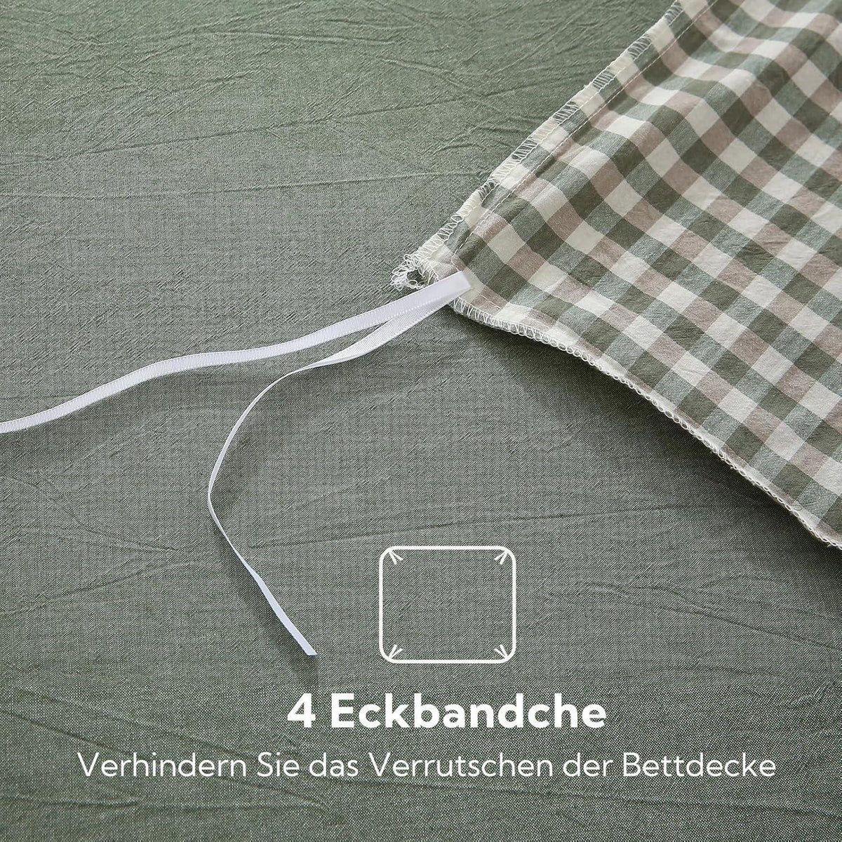 Bettwäsche-Set 135x200 cm 4-teilig, gewaschene Baumwolle, Grün Kariert