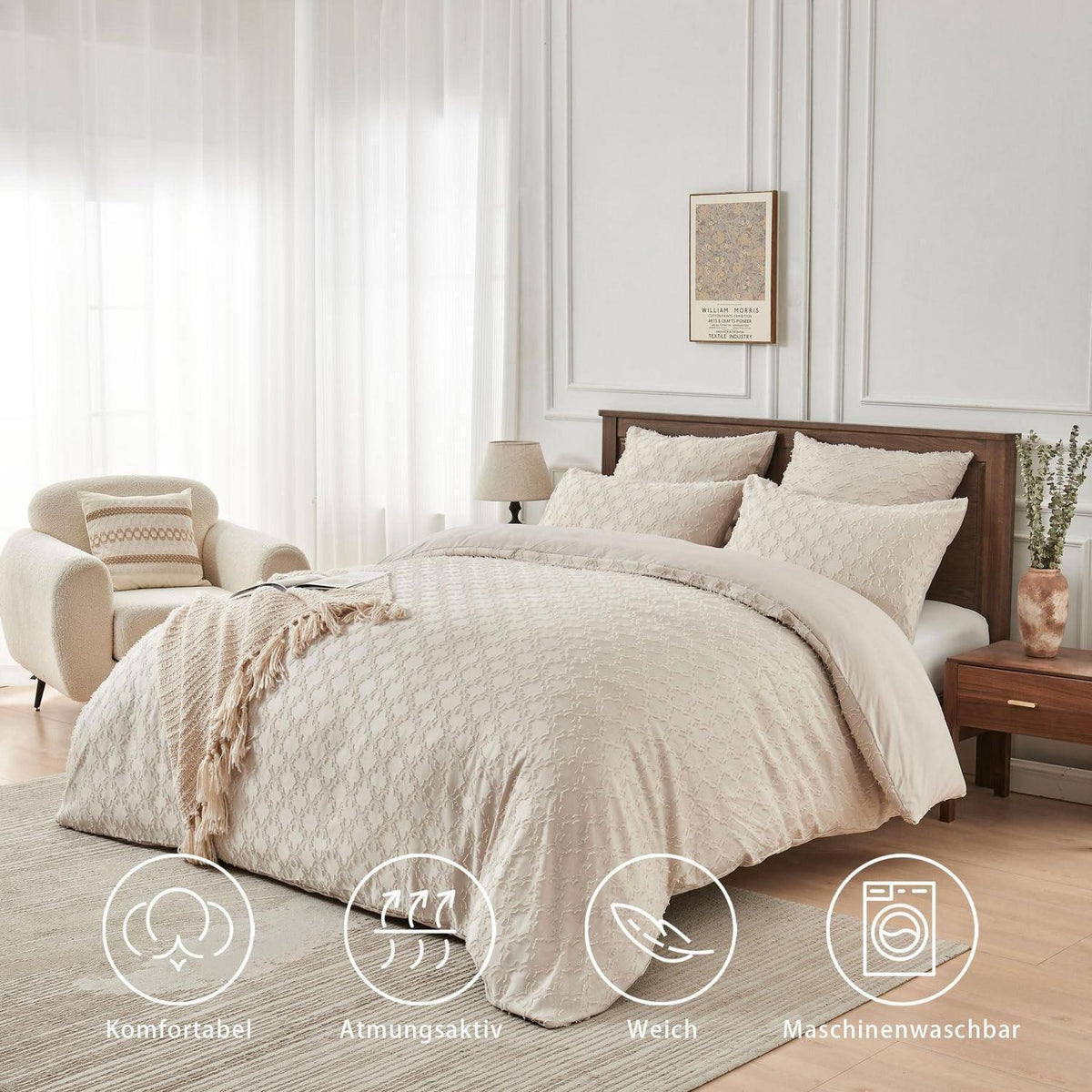 Getuftete Boho Bettwäsche 200x220 Beige – 3-teilig