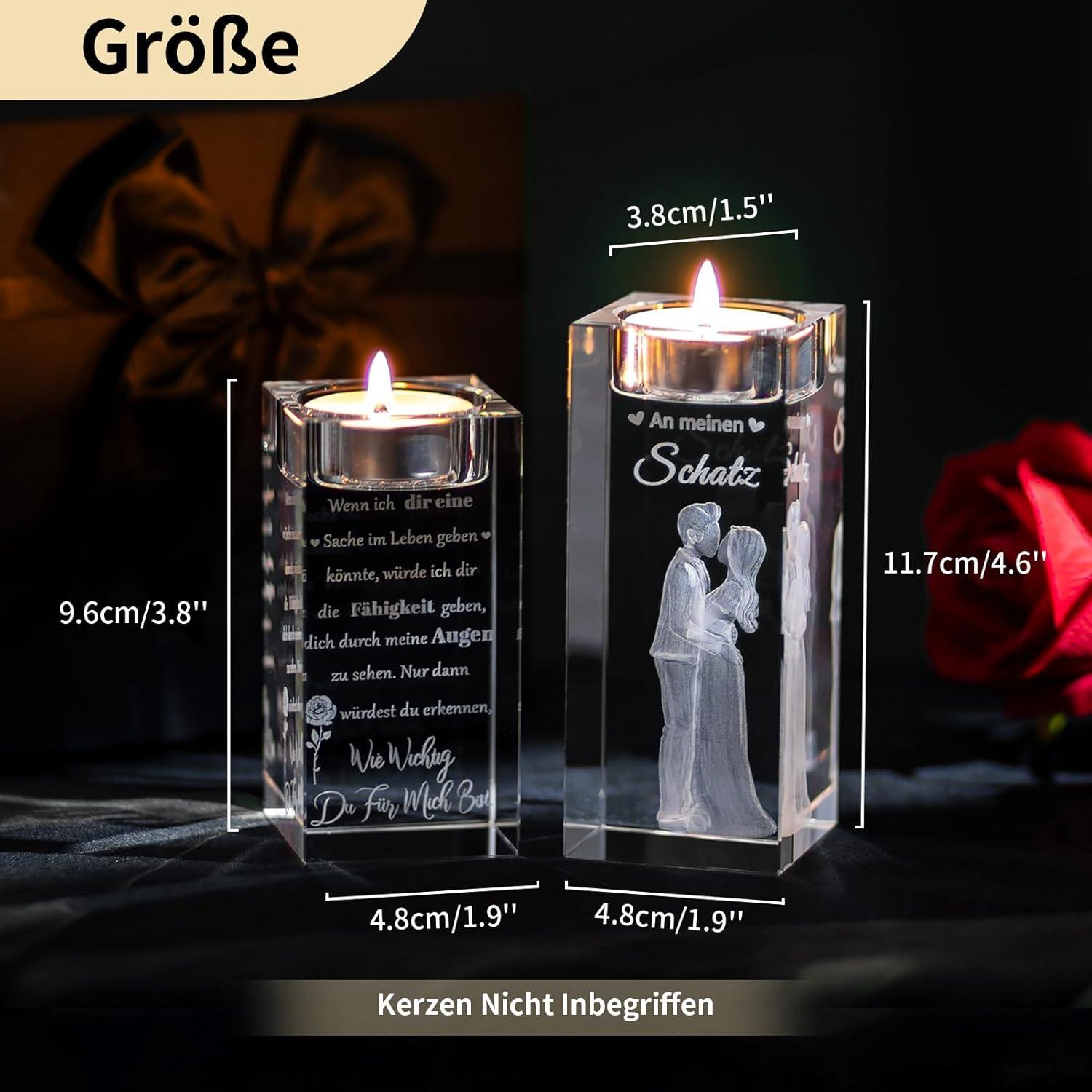 NUPTIO Kristallglas Teelichthalter 3D Gravur Hochzeit Jahrestag
