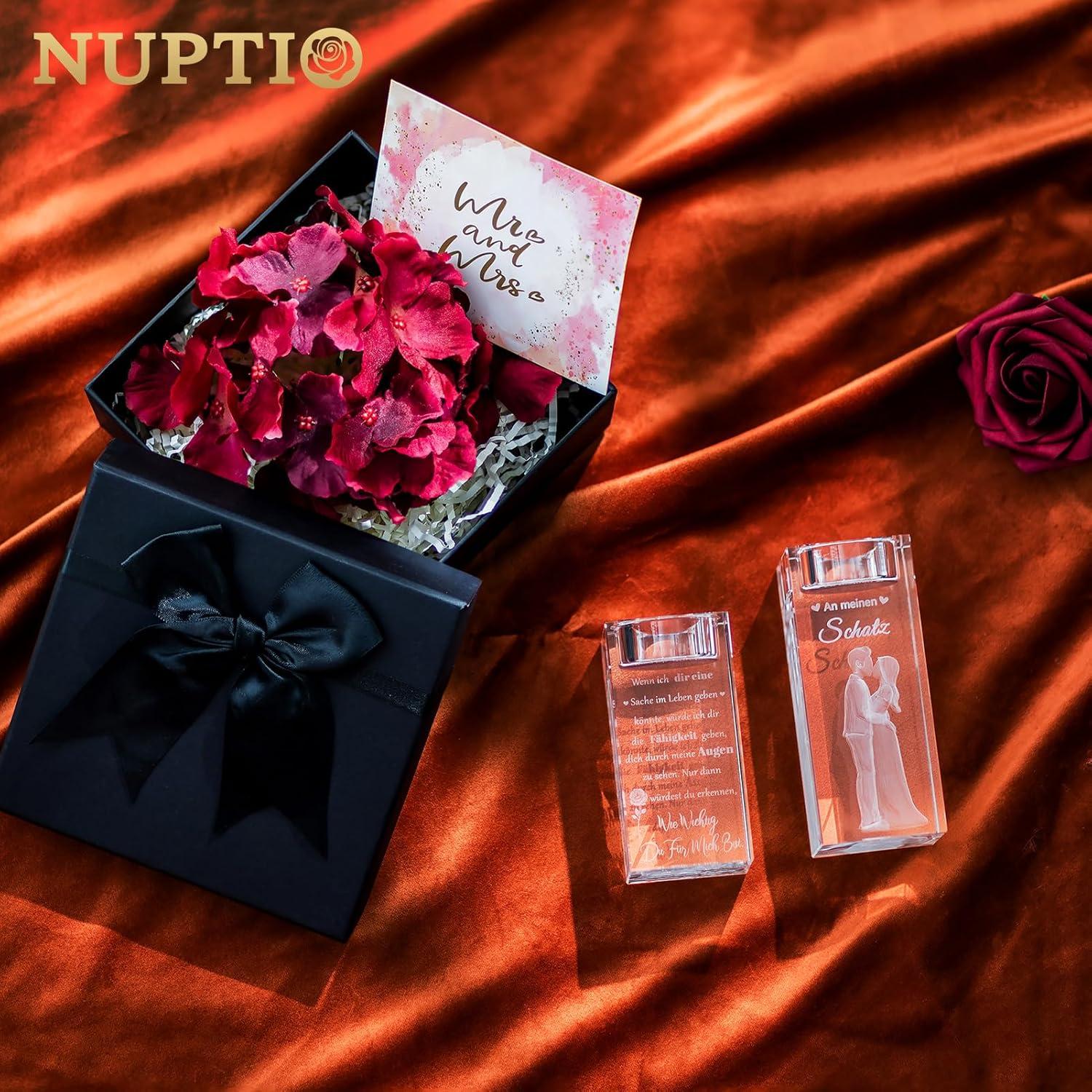 NUPTIO Kristallglas Teelichthalter 3D Gravur Hochzeit Jahrestag