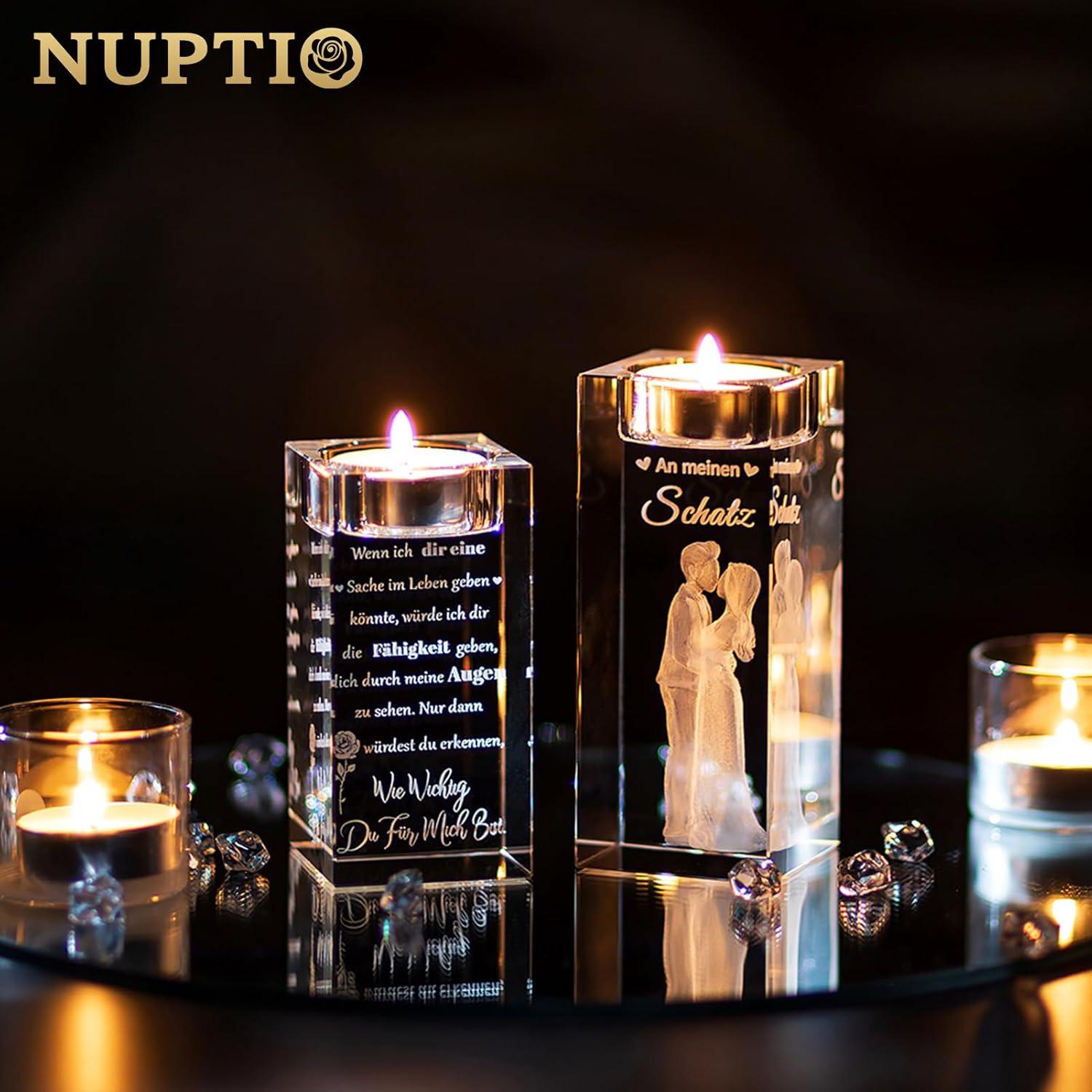 NUPTIO 3D Kristall Hochzeit Teelichthalter Partner - Geschenk für Mann und Frau