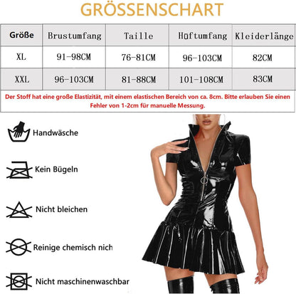 Damen Wetlook Minikleid PU Leder Bodycon V-Ausschnitt Schwarz 3XL