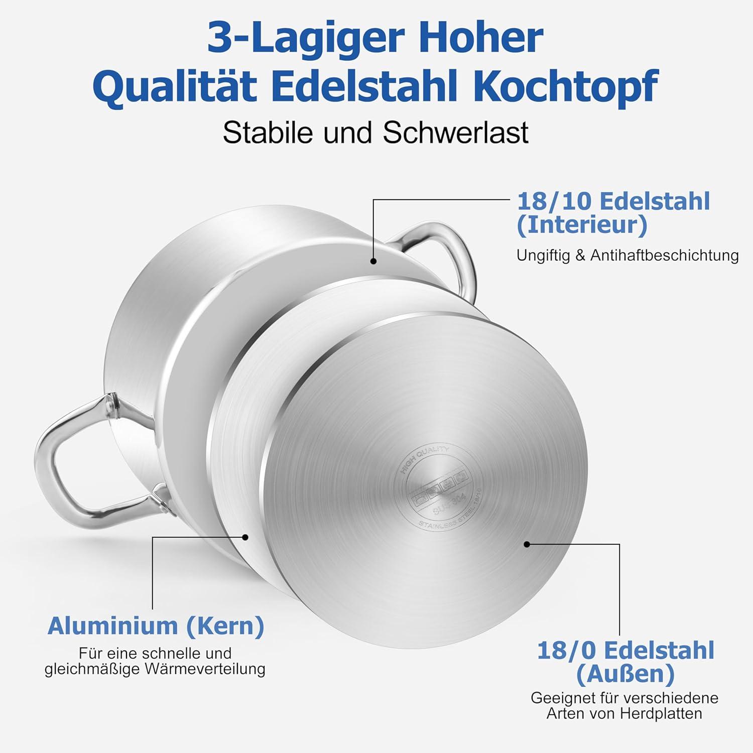 Homikit Großer Kochtopf 6,6L Induktion Glasdeckel 3-Lagen Edelstahl 26cm