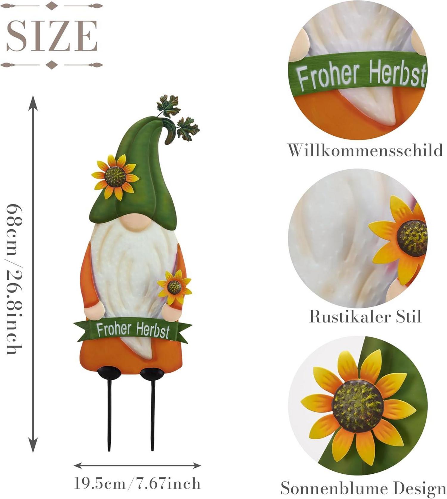 Herbst Gartendeko Metall Gartenzwerg SonnenblumeOrange 68cm