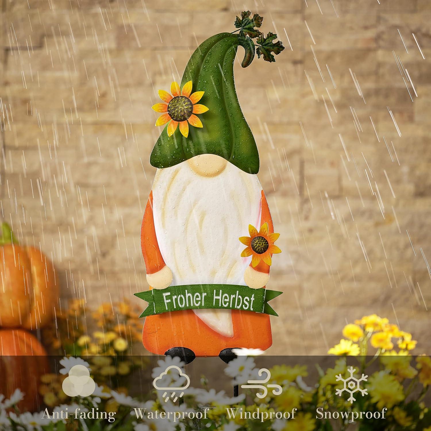 Herbstdeko Gartenzwerg Orange Sonnenblume Metall 68cm