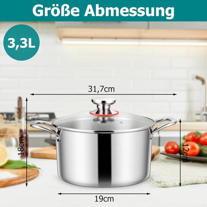 Homikit 20cm Kochtopf 3-Lagen Edelstahl Induktion Glasdeckel