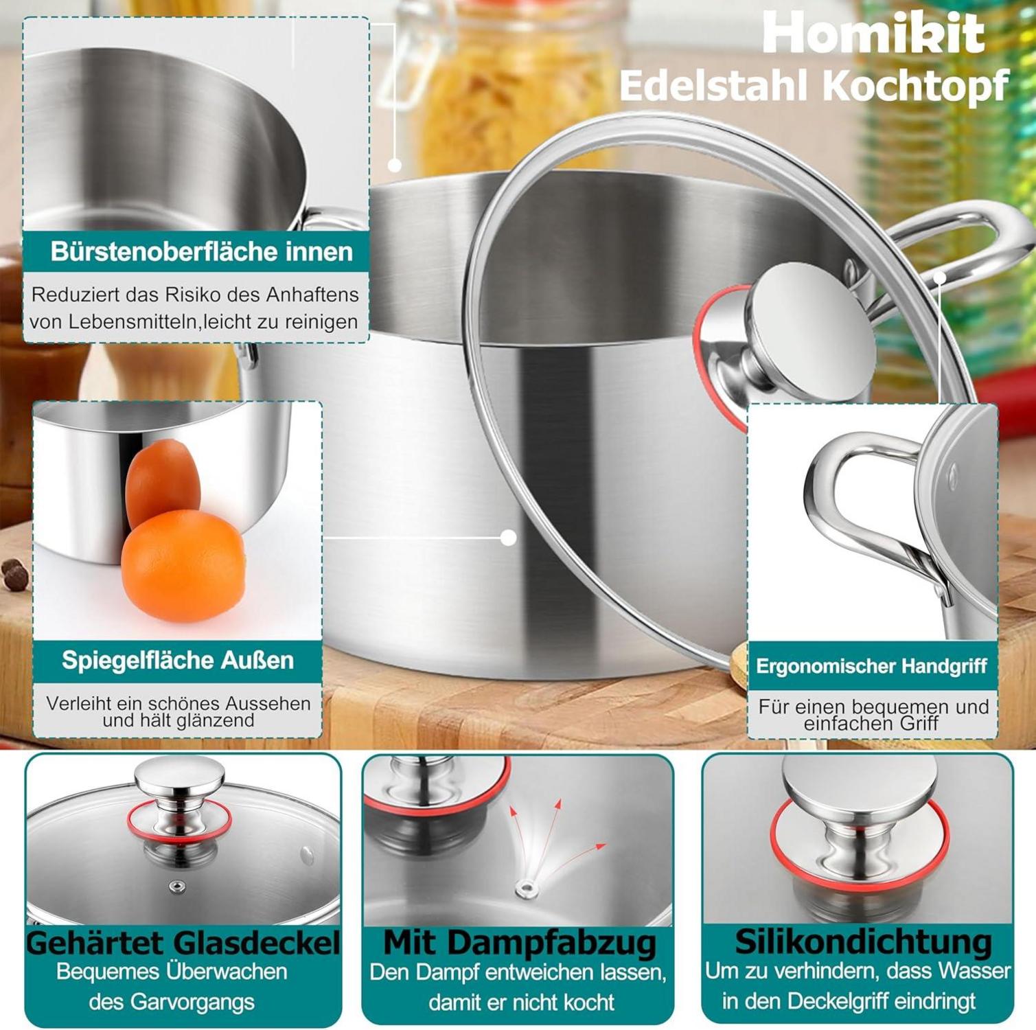 Kochtopf 20cm Edelstahl 3-Lagen Glasdeckel 3,3L Induktion