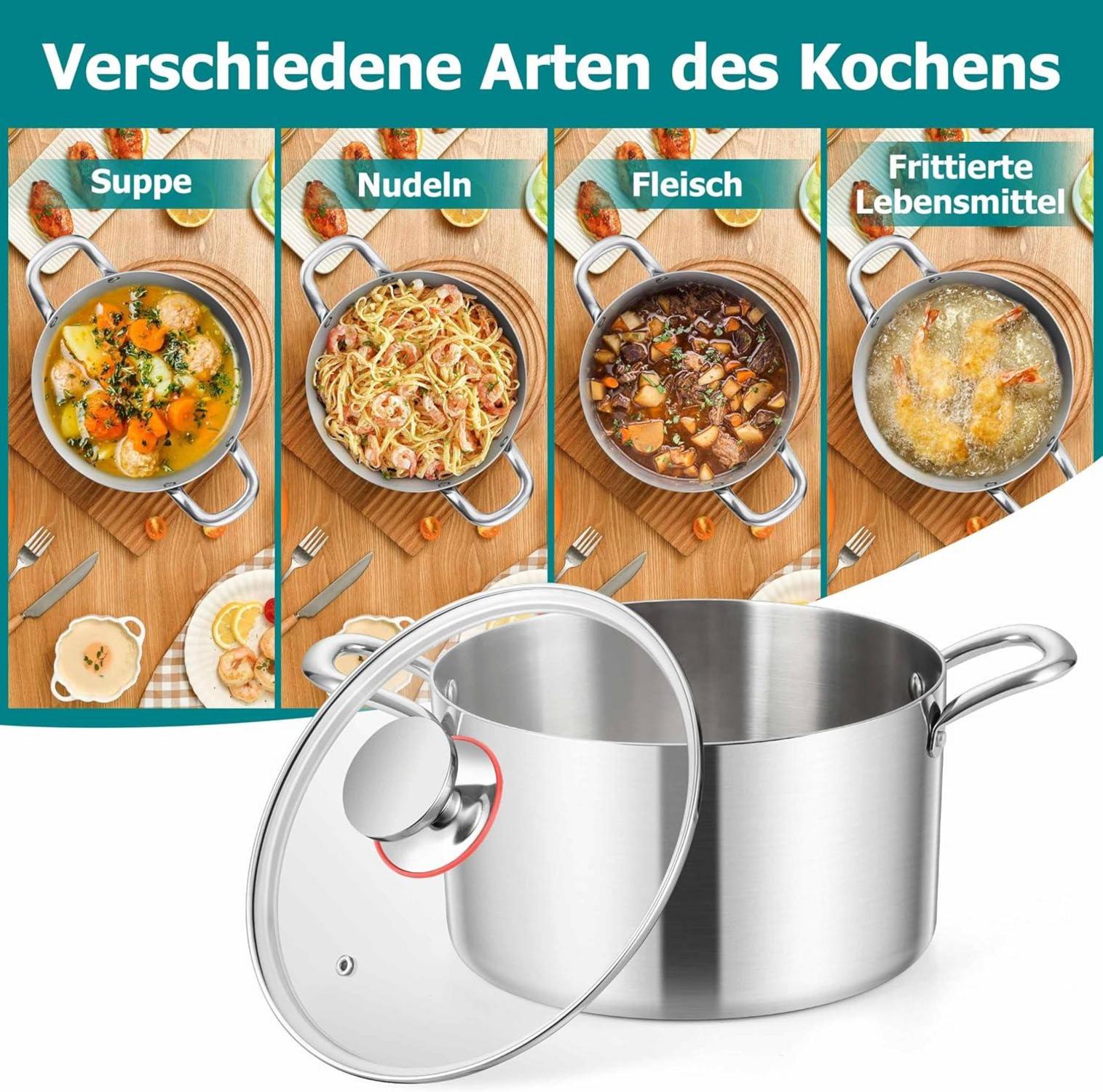 Homikit 20cm Edelstahl Kochtopf mit Glasdeckel für alle Herde 3,3L