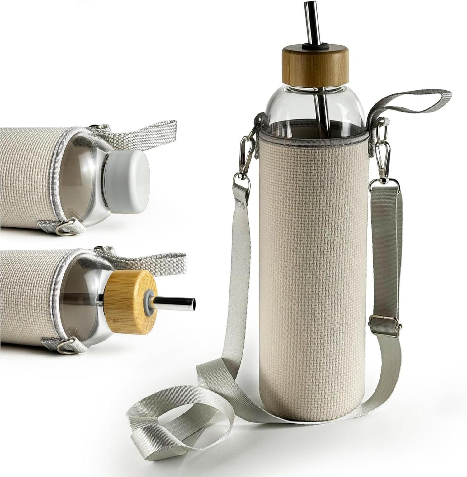 900 ml Glas Trinkflasche mit 2 Deckeln und Neoprenhülle