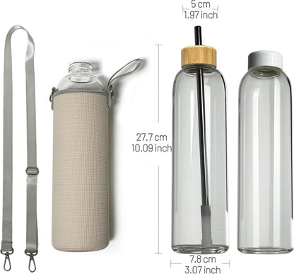 900 ml Glas Trinkflasche mit 2 Deckeln und Neoprenhülle