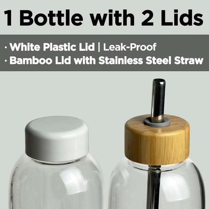 900 ml Glas Trinkflasche mit Neoprenhülle, 2 Deckeln und verstellbarem Gurt- Weiß Transparent