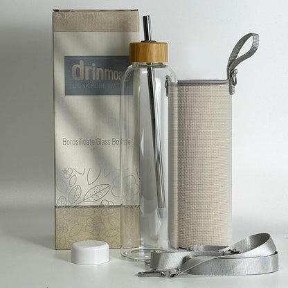 900 ml Glas Trinkflasche mit Neoprenhülle und Strohhalm