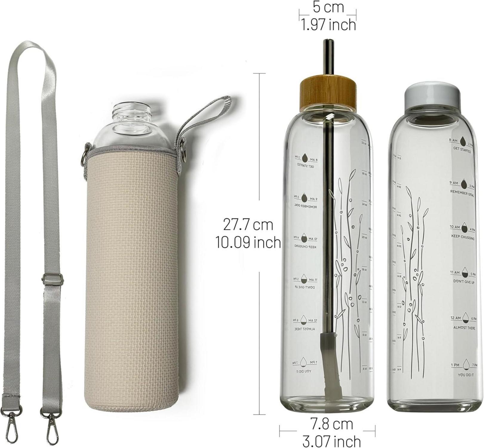 Drinmoaer 900ml Glasflasche Sport Wasserflasche mit Neoprenhülle und Gurt (Weißer Plastik- und
