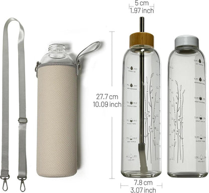 Drinmoaer 900ml Glasflasche Sport Wasserflasche mit Neoprenhülle und Gurt (Weißer Plastik- und