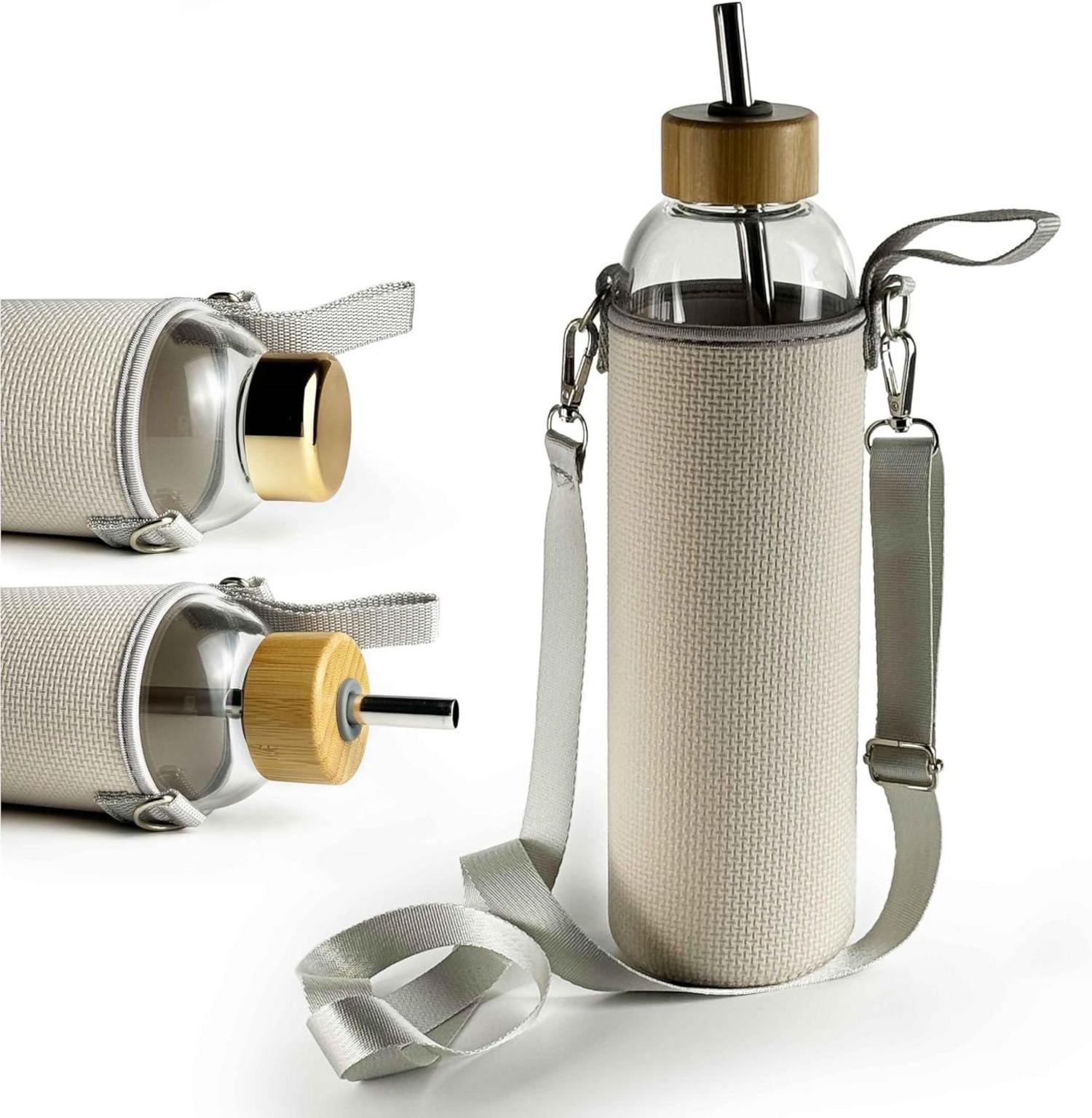 Glas Trinkflasche 900 ml mit 2 Deckeln Neoprenhülle Transparent