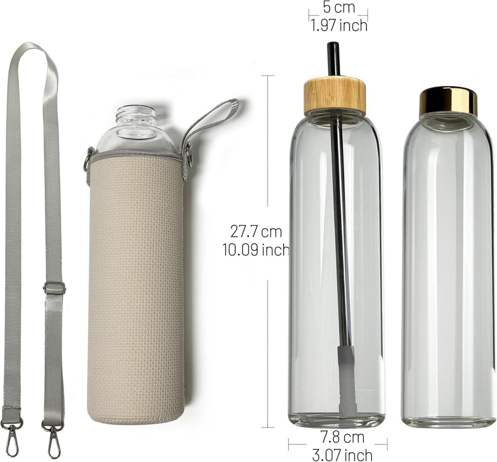 Glas Trinkflasche 900 ml mit 2 Deckeln Neoprenhülle Transparent