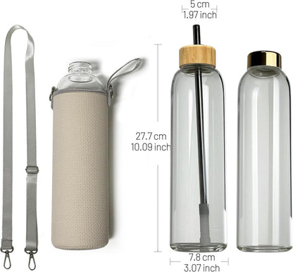 Glas Trinkflasche 900 ml mit 2 Deckeln Neoprenhülle Transparent
