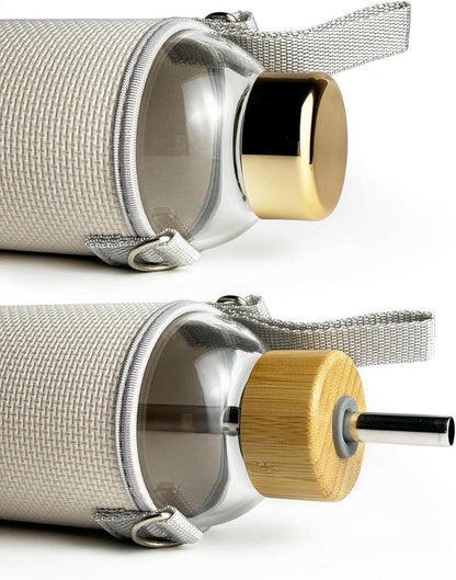 900ml Glas Trinkflasche Sport Wasserflasche Neoprenhülle Gurt Gold Transparent