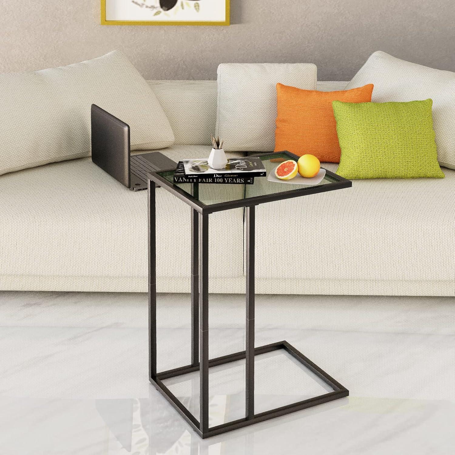Beistelltisch Glas Schwarz C-Form Sofatisch Couchtisch