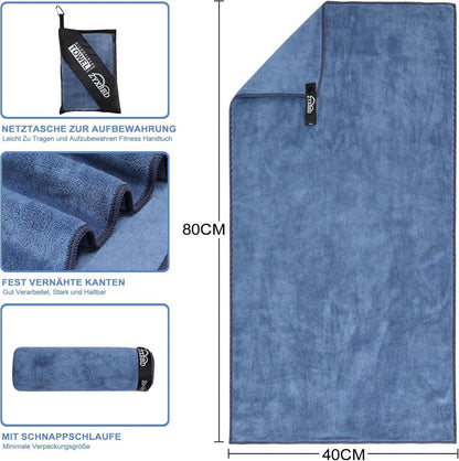 Fitness Handtuch rutschfest mit Tasche XL Mikrofaser Grau + Indigo 80