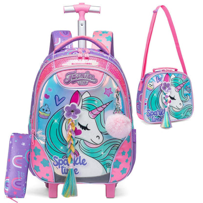 Schulranzen Trolley Mädchen mit Rollen, Federmäppchen & Lunchtasche